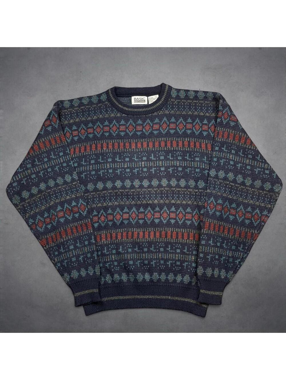 Vintage Basic Editions Sweater Medium Fair Isle Geometric Knit Grandpa 90s USA